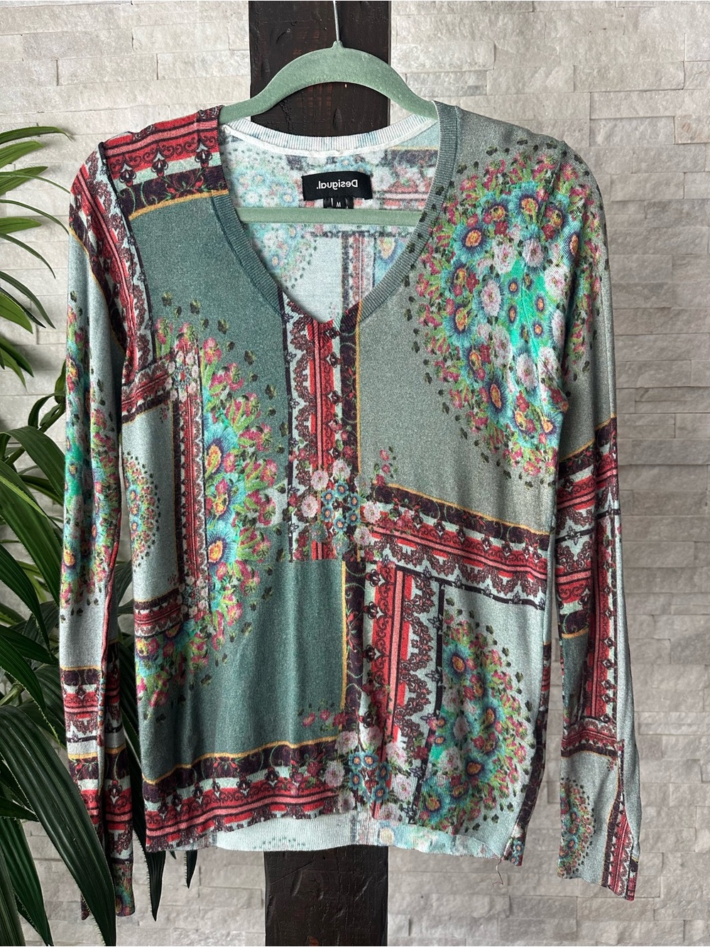 Desigual Mint Green Multicolor Boho Floral Patchwork V-Neck Sweatshirt Size M